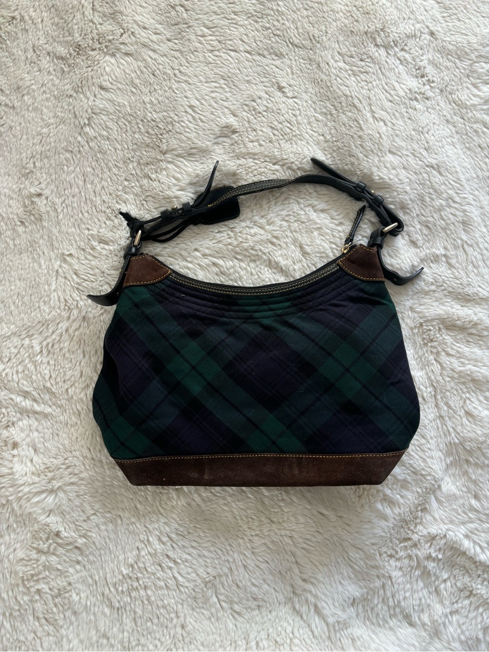 VTG Dooney & Bourke Wool Green and Blue Tartan Plaid Hobo Shoulder Bag - Picture 6 of 12